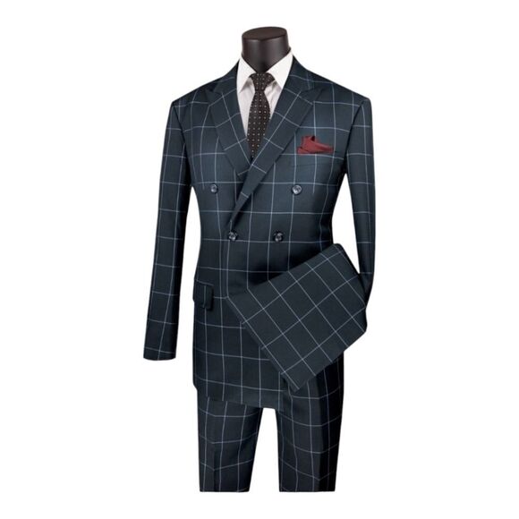 MEN'S VINCI 2 PIECE MODERN FIT WINDOWPANE DOUBLE BREASTED SUIT. MDW-1 BLACK. - Picture 2 of 3